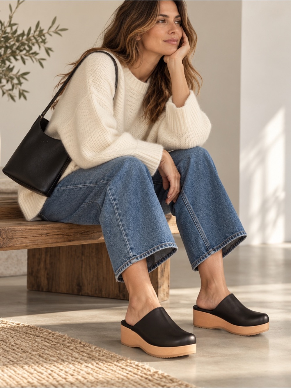 NIB EILEEN FISHER BLACK LEATHER PLATFORM CLOGS — SIZE 8.5